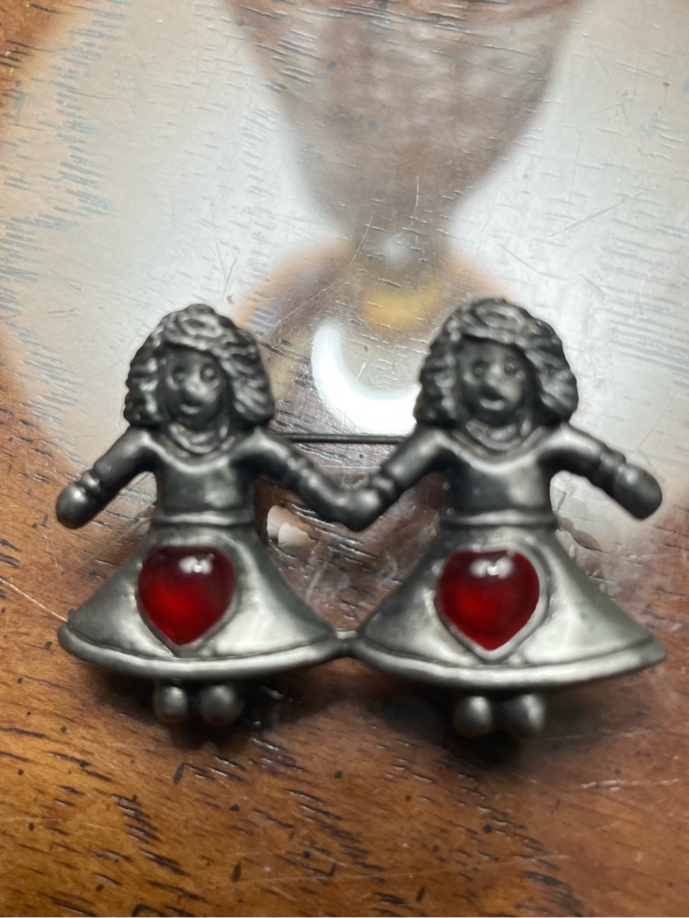 Silver-Tone Double Girl Brooch with Red Heart Accents